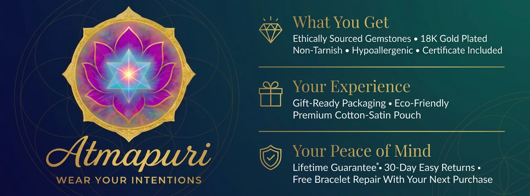 Atmapuri promise: ethically sourced gemstones, 18K gold-plated, non-tarnish and hypoallergenic jewellery, gift-ready packaging, certificate, guarantee, 30-day returns and bracelet repair